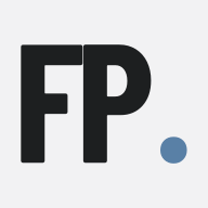 The FP. monogram: F and P in Barlow Condensed with a steel-blue full stop